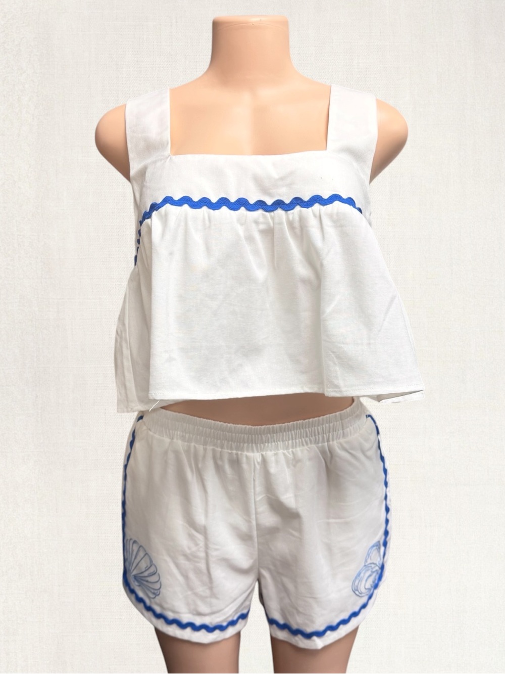 LE LIS White Two-Piece Tank & Shorts Set with Blue Trim